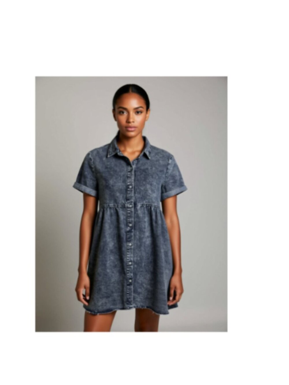 Washed Black Short-Sleeve Button Front Casual Dress